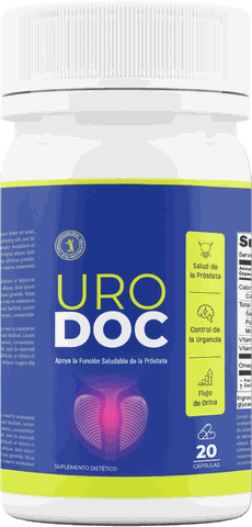 Frasco de UroDoc con 20 cápsulas para la próstata