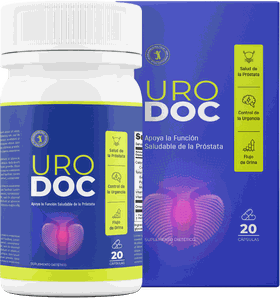 Frasco y caja de UroDoc, cápsulas para la salud de la próstata